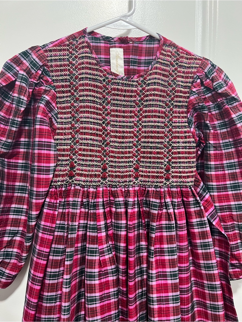 Vintage Strasburg Girls 8Y 100% Silk Plaid Smocked Christmas Dress